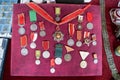 Various war medals at the flea market. Royalty Free Stock Photo