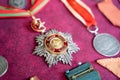 Various war medals at the flea market. Royalty Free Stock Photo