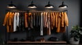 various warm jackets neatly arranged on a stylish rack within an elegant room interior. The juxtaposition of fashion and