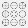 Various weapon sights, sniper rifle optical scopes. Hunting gun viewfinder with crosshair. Aim, shooting mark symbol