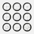 Various weapon sights, sniper rifle optical scopes. Hunting gun viewfinder with crosshair. Aim, shooting mark symbol