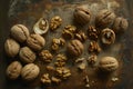 Various whole and cracked walnuts displayed on a table, An artistic arrangement of whole and cracked walnuts Royalty Free Stock Photo