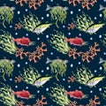 Various wild sea fish seamless pattern watercolor illustration isolated on black. Seaweeds, tuna, salmon, coho, sea