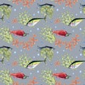 Various wild sea fish seamless pattern watercolor illustration isolated on blue. Seaweeds, tuna, salmon, coho, sea