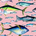 Various wild sea fish seamless pattern watercolor illustration isolated on pink.