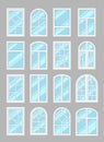 Various windows types set vector flat illustration. Collection plastic and wooden window with frames