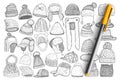 Various winter caps and hats doodle set