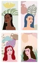 Various Woman portraites minimal abstract contemporary style. Female faces flora leaves shapes vase silhouette Royalty Free Stock Photo