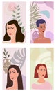 Various Woman portraites minimal abstract contemporary style. Female faces flora leaves shapes vase silhouette Royalty Free Stock Photo