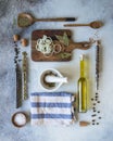 Various kitchen tools and foods flat-lay. Royalty Free Stock Photo