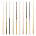 Various wooden billiard cues isolated on white background. Snooker sports equipment. Vintage pool cue. Active recreation
