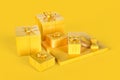Various yellow gift boxes on yellow background. 3D rendering