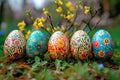 The variously decorated Easter eggs stand in the grass outside.