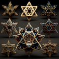 Variously shaped Stars of David on a gray isolated background. Hanukkah as a traditional Jewish holiday