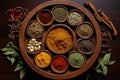 Varitise of spices on table background
