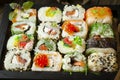 Varius mosaic sushi roll, close up image