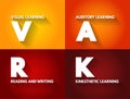 VARK Learning Styles model - was designed to help students and others learn more about their individual learning preferences, Royalty Free Stock Photo