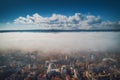 Varna, Bulgaria aerial drone view. Beautiful panorama of Varna city with morning mist