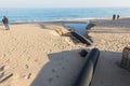 VARNA, BULGARIA - jan 19, 2019: Industrial waste water, pipeline discharges liquid industrial waste into sea on city beach. Dirty