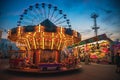 Amusement park outdoor scene. Have fun with Ferris wheel and attraction swings