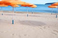Varna, Bulgaria - July, 13, 2020: beach umbrellas on an empty beach Royalty Free Stock Photo
