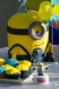 Minions Party Cake, kids birthday party ideas, yellow and blue minion, children 2 b-day party concept