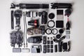 Varna, Bulgaria 13 March 2023, Videography, photography, sound equipment - top down view of professional drone, dslr camera,