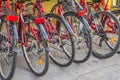 Bicycle parking station full of bikes. Many parked bicycles. Close up