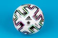 Varna, Bulgaria - November 29, 2019: Adidas UNIFORIA official football of the UEFA Euro 2020 competition, on blue background