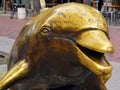Dolphin head close up, a fragment of a yellow brass outdoors statue on the street
