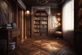 varnished dark brown wooden floors with parquet patterns and shelves