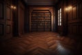 varnished dark brown wooden floors with parquet patterns and shelves