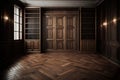 varnished dark brown wooden floors with parquet patterns and shelves