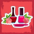 Varnishes for nails red shadeson on pink grunge background. Decorative cosmetics. Colored illustration for design blog, magazine,