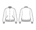 Varsity Bomber jacket technical fashion illustration with Rib baseball collar, cuffs, jetted pockets, buttons fastening Royalty Free Stock Photo