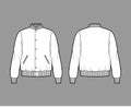 Varsity Bomber jacket technical fashion illustration with Rib baseball collar, cuffs, jetted pockets, buttons fastening Royalty Free Stock Photo