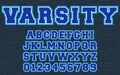 Varsity design alphabet template. Letters and numbers of college clothing style