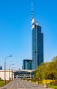 Varso Tower final construction over Srodmiescie business district and Central Reailway Station downtown Warsaw