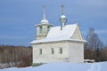 Varvarskaya village. Chapel of Zosim and Savvatiy in the winter, 19th century. Russia. Arkhangelsk region, Kargopol district Royalty Free Stock Photo