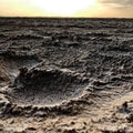 Varzaneh desert in Iran, summer. Moon land. Dry land. Dry dirt. Crater. Moonland