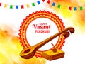 Vasant panchami illustration with music instrument of godess saraswati and books or ink pot.