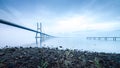 Vasco da Gama Bridge at sunrise in Lisbon, Portugal. he longest Royalty Free Stock Photo