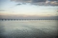 Vasco da Gamma Bidge over Tagus River during moody sunset, Lisbon, Portugal Royalty Free Stock Photo