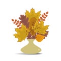 Vase with autumn leaves on a white background