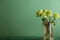 Vase with beautiful bouquet of green roses on table against color background