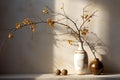 Vase with beautiful branches on table near light wall,  Interior design Royalty Free Stock Photo