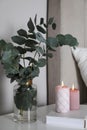 Vase with beautiful eucalyptus branches, book and candles on nightstand in bedroom