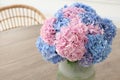 Vase with beautiful hydrangea flowers on wooden table indoors, closeup. Space for text Royalty Free Stock Photo