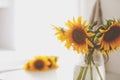 Vase with beautiful yellow sunflowers on table, space for text Royalty Free Stock Photo