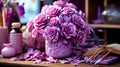 vase with beautifully purple roses on a wooden surface, with scattered petals and painting supplies, giving a creative Royalty Free Stock Photo